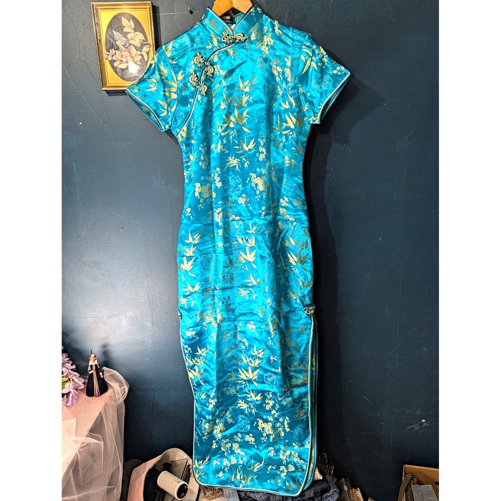 Oriental Boutique Turquoise Silk Brocade Qipao Dress Size M Bamboo Floral